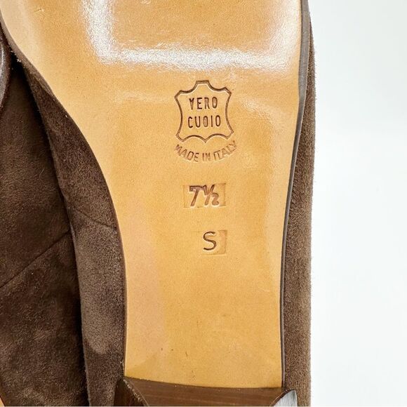 Bally Vintage Brown Suede Leather‎ Heels Trimmed In Croc Embossed Patent Leather - Picture 6 of 8